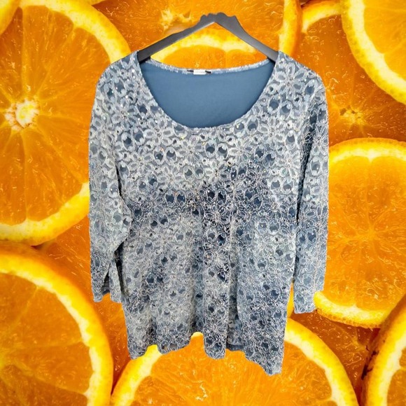 None and/or Unknown Tops - White and Blue Floral Blouse with Sequin on Sheer‎ Top and Attached Blue Under